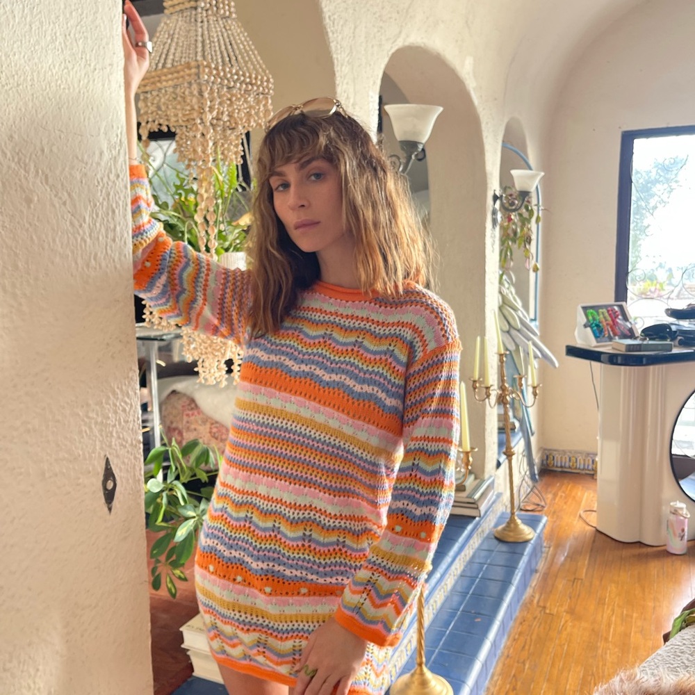 Crochet Striped Knit Sweater Mini Dress - Picture 2 of 10
